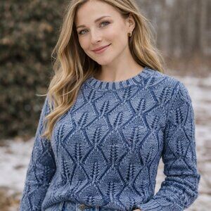 Devoted Blue Knit Cotton Sweater XS Textured Pattern Crewneck